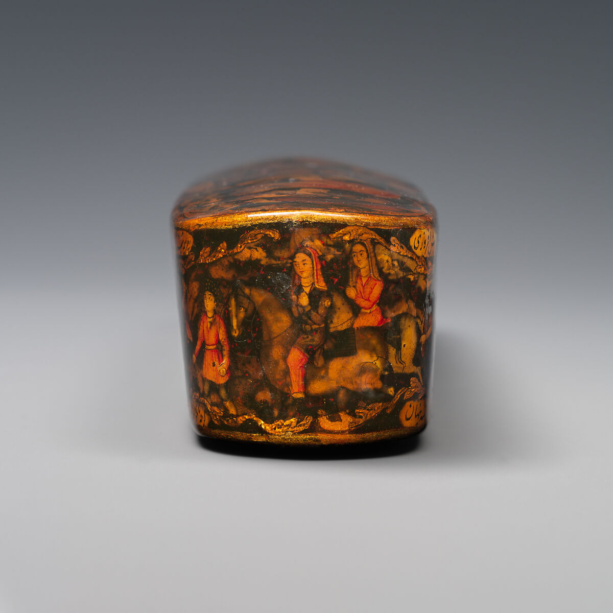 Pen Box Depicting Shaykh San'an and the Christian Maiden, attributed to Muhammad Isma'il Isfahani (Iranian, 1814–1892), Papier-maché; painted, gilded, and varnished