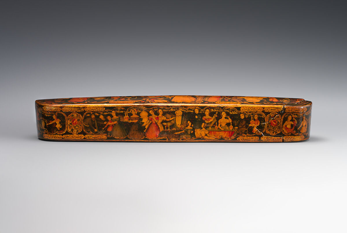 Pen Box Depicting Shaykh San'an and the Christian Maiden, attributed to Muhammad Isma'il Isfahani (Iranian, 1814–1892), Papier-maché; painted, gilded, and varnished