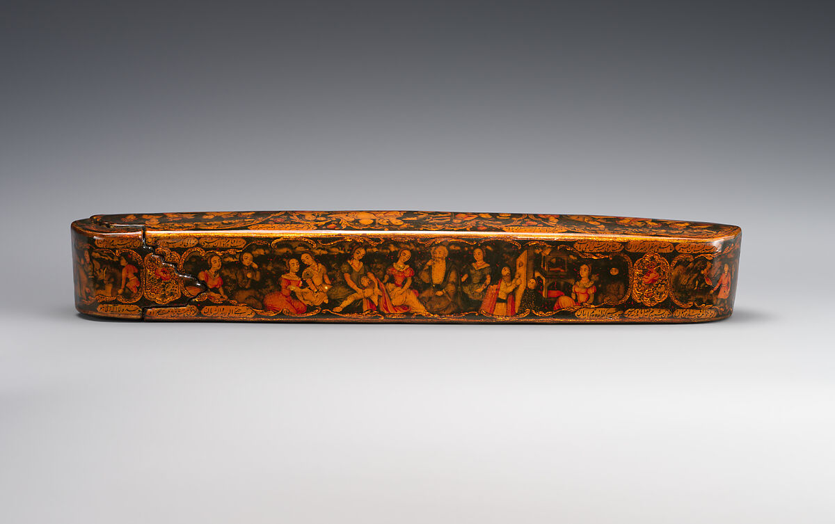 Pen Box Depicting Shaykh San'an and the Christian Maiden, attributed to Muhammad Isma'il Isfahani (Iranian, 1814–1892), Papier-maché; painted, gilded, and varnished