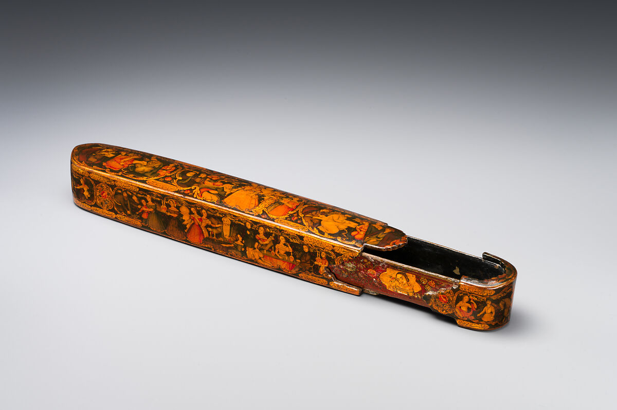 Pen Box Depicting Shaykh San'an and the Christian Maiden, attributed to Muhammad Isma'il Isfahani (Iranian, 1814–1892), Papier-maché; painted, gilded, and varnished