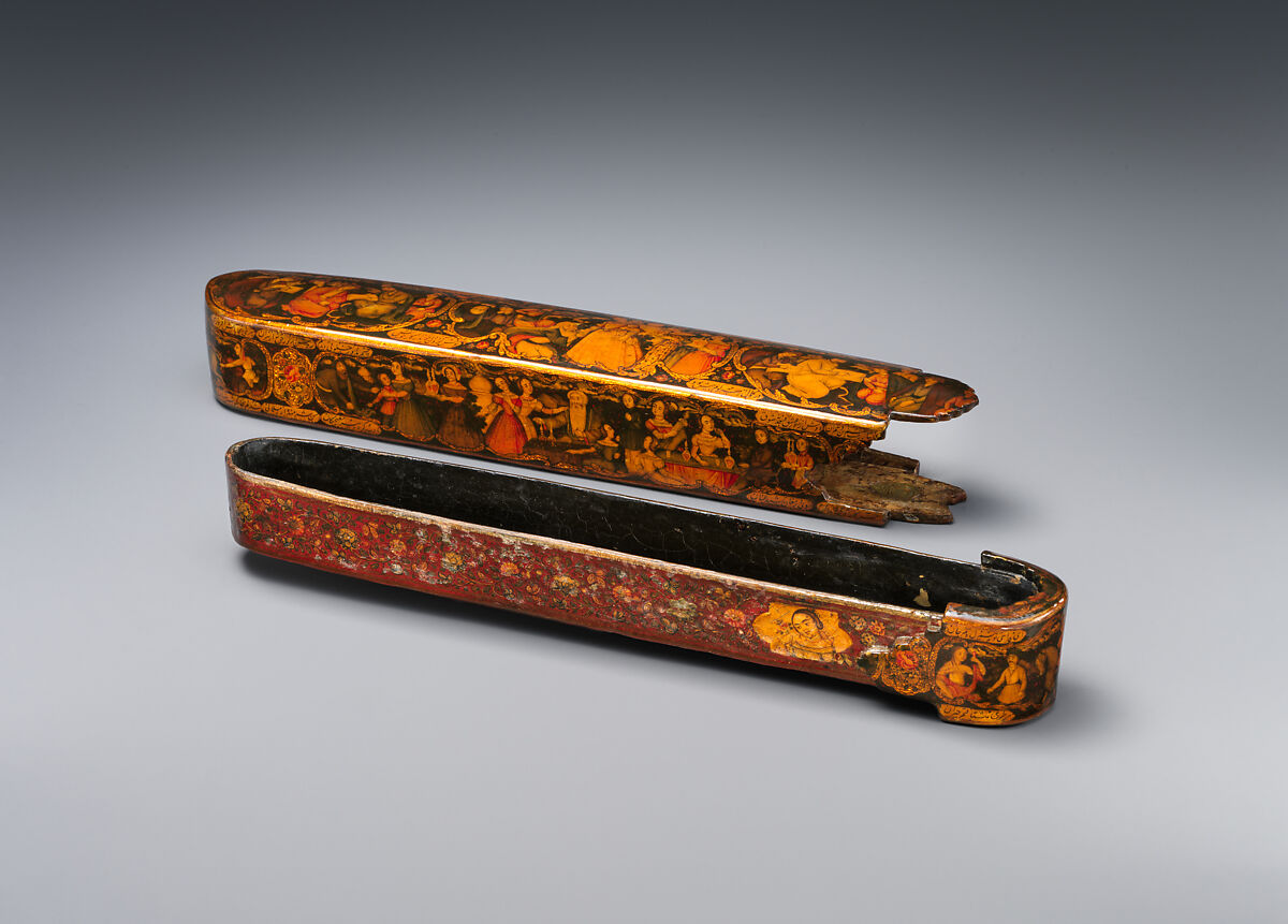 Pen Box Depicting Shaykh San'an and the Christian Maiden, attributed to Muhammad Isma'il Isfahani (Iranian, 1814–1892), Papier-maché; painted, gilded, and varnished