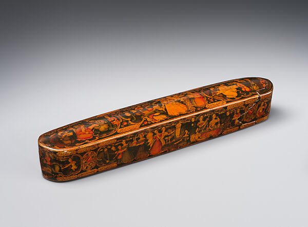 Pen Box Depicting Shaykh San'an and the Christian Maiden, attributed to Muhammad Isma&#39;il Isfahani (Iranian, 1814–1892), Papier-maché; painted, gilded, and varnished 