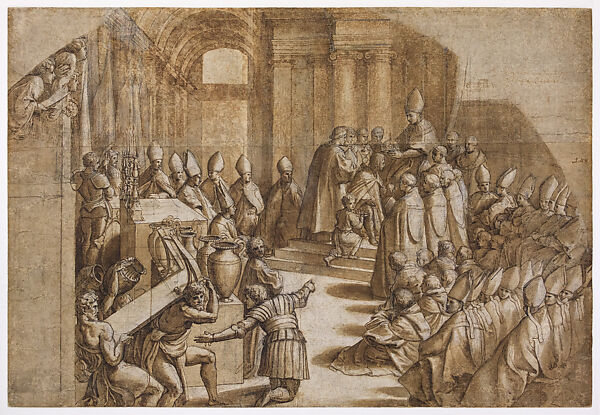 Modello Drawing for the Coronation of Charlemagne, Stanza dell’Incendio, Giovanni Francesco Penni  Italian, Pen and brown ink, brush and brown wash, highlighted with white gouache, traces of red-chalk corrections, over stylus-incised ruled and compass construction, and black chalk underdrawing, on several glued sheets of paper