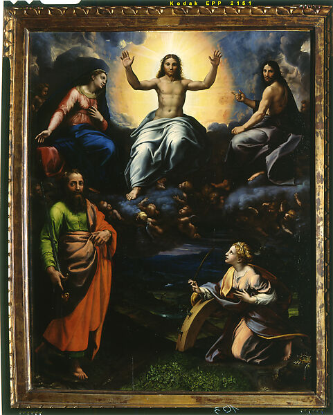 Dëesis (Christ in Glory with the Virgin Mary and Saints John the Baptist, Catherine, and Paul), Giulio Romano  Italian, Tempera grassa and oil on wood