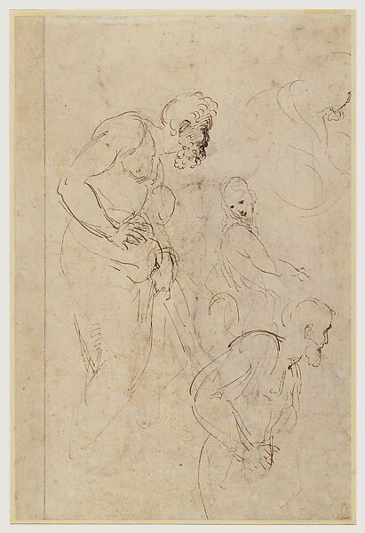 Sketches for Figures on the Lower Left Section of the Disputa, Stanza della Segnatura (recto and verso), Raphael (Raffaello Sanzio or Santi) (Italian, Urbino 1483–1520 Rome), Pen and brown ink over traces of preliminary stylus underdrawing (recto and verso), on paper