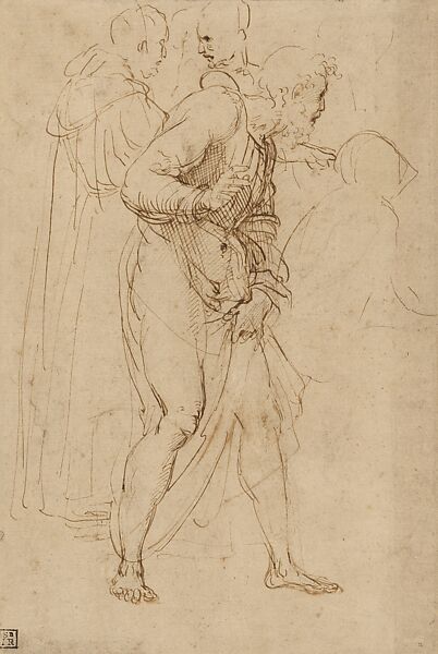 Sketches for Figures on the Lower Left Section of the Disputa, Stanza della Segnatura (recto and verso), Raphael (Raffaello Sanzio or Santi)  Italian, Pen and brown ink over traces of preliminary stylus underdrawing (recto and verso), on paper