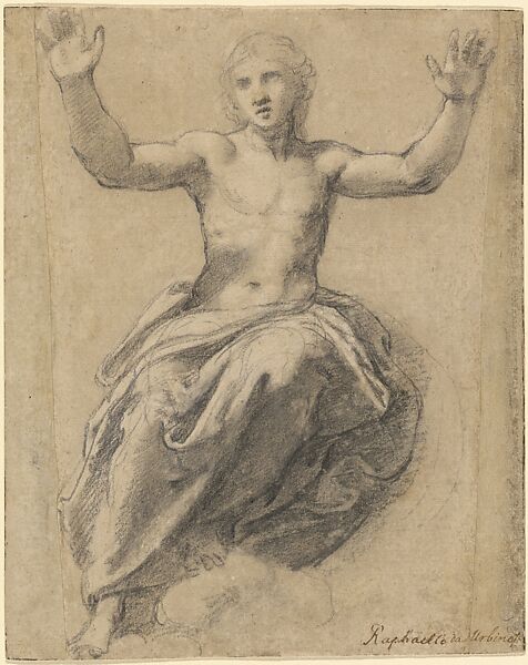 Seated Christ in Glory (Study for Giulio Romano’s Dëesis), Raphael (Raffaello Sanzio or Santi)  Italian, Black chalk, brush and gray wash, highlighted with white chalk, on paper washed pale gray wash; original support cut down on the left and right borders and made up with toned-in strips