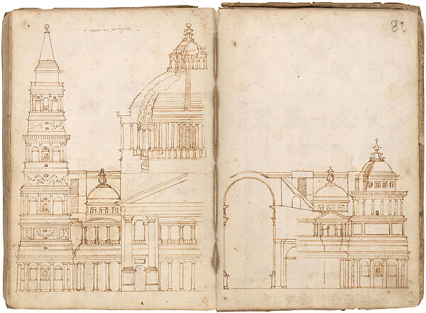 Façade, Section, and Elevation of Raphael’s Project for Saint Peter’s Basilica (as recorded in the Codex Mellon), Anonymous, Italian  Italian, Pen and brown ink over preliminary stylus construction, some brush and brown wash; paper text block, with a binding made from pasteboard (laminated paper) covered in parchment manuscript waste; other binding elements made from alum-tawed animal skin and vegetable fiber (thread)
