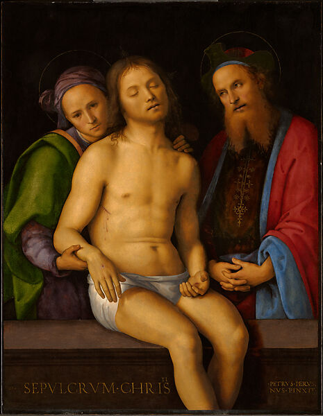 Sepulcrum Christi (Dead Christ with Joseph of Arimathea and Nicodemus), Perugino (Pietro di Cristoforo Vannucci)  Italian, Oil and tempera grassa on wood, transferred to canvas and mounted on wood