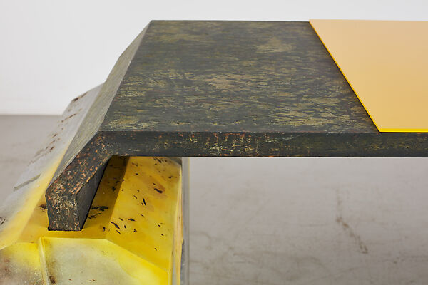 “ANAESTHESIA I” desk, Samuel Ross (British, born London 1991), Glass fiber reinforced concrete, aluminum, stainless steel, OSB (Oriented Strand Board, engineered wood), Abidjan clay, turmeric, acrylic, acrylic lacquer, polyurethane
