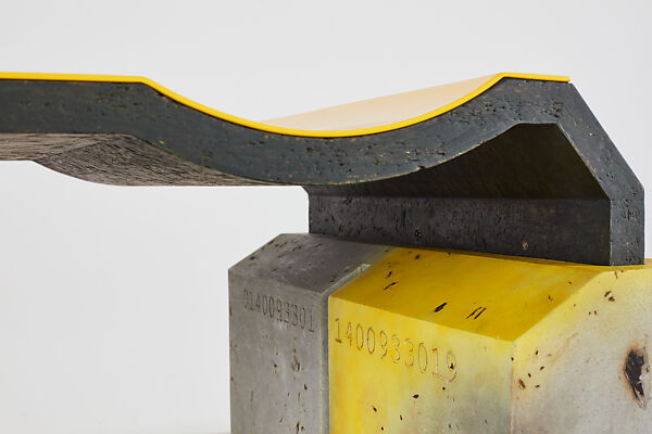 “ANAESTHESIA I” desk, Samuel Ross (British, born London 1991), Glass fiber reinforced concrete, aluminum, stainless steel, OSB (Oriented Strand Board, engineered wood), Abidjan clay, turmeric, acrylic, acrylic lacquer, polyurethane