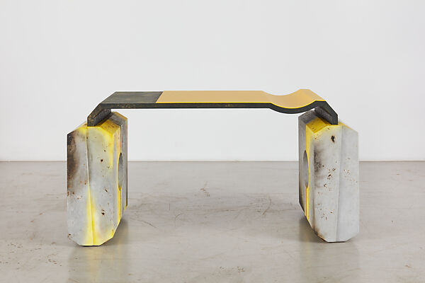 “ANAESTHESIA I” desk, Samuel Ross (British, born London 1991), Glass fiber reinforced concrete, aluminum, stainless steel, OSB (Oriented Strand Board, engineered wood), Abidjan clay, turmeric, acrylic, acrylic lacquer, polyurethane