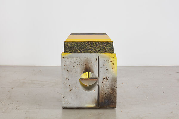 “ANAESTHESIA I” desk, Samuel Ross (British, born London 1991), Glass fiber reinforced concrete, aluminum, stainless steel, OSB (Oriented Strand Board, engineered wood), Abidjan clay, turmeric, acrylic, acrylic lacquer, polyurethane