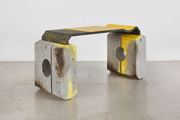 “ANAESTHESIA I” desk, Samuel Ross (British, born London 1991), Glass fiber reinforced concrete, aluminum, stainless steel, OSB (Oriented Strand Board, engineered wood), Abidjan clay, turmeric, acrylic, acrylic lacquer, polyurethane