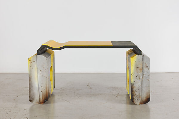 “ANAESTHESIA I” desk, Samuel Ross (British, born London 1991), Glass fiber reinforced concrete, aluminum, stainless steel, OSB (Oriented Strand Board, engineered wood), Abidjan clay, turmeric, acrylic, acrylic lacquer, polyurethane