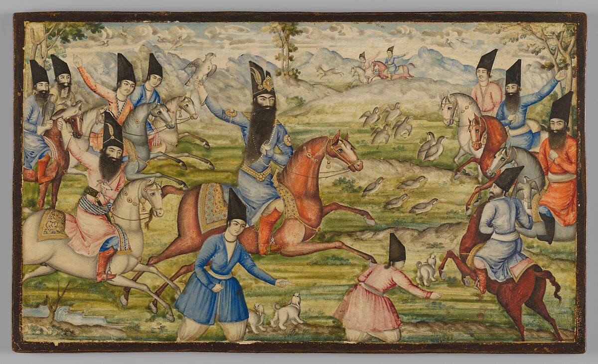 Pair of Book Covers Depicting Fath 'Ali Shah Hunting, Pasteboad; painted and varnished