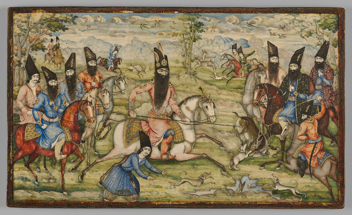 Pair of Book Covers Depicting Fath 'Ali Shah Hunting, Pasteboad; painted and varnished