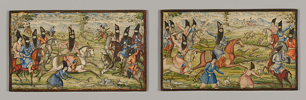 Pair of Book Covers Depicting Fath 'Ali Shah Hunting, Pasteboad; painted and varnished 