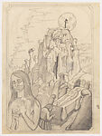 Study for Vision: a woman holding a portrait, a funeral taking place in the background