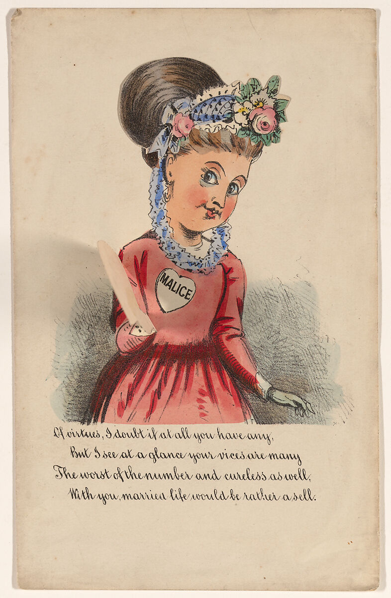 Comic Valentine (shy woman), Anonymous (British, 19th century), Hand-colored lithograph