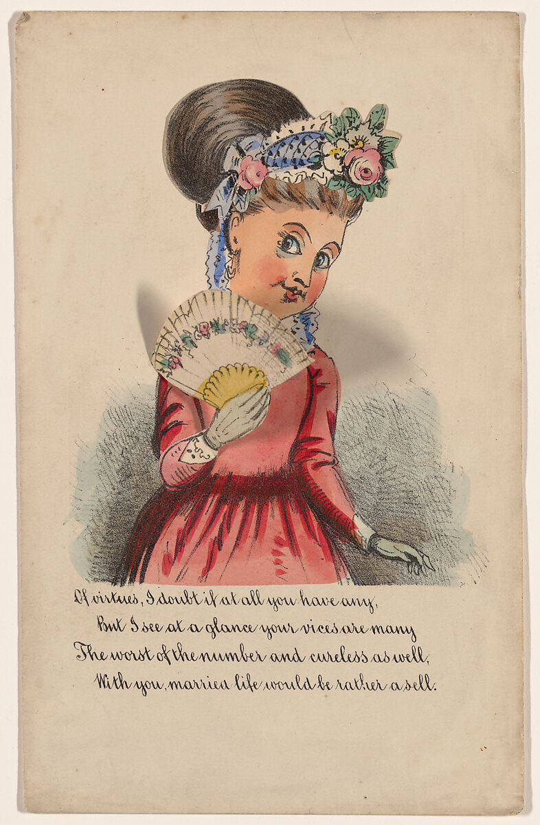 Comic Valentine (shy woman), Anonymous (British, 19th century), Hand-colored lithograph