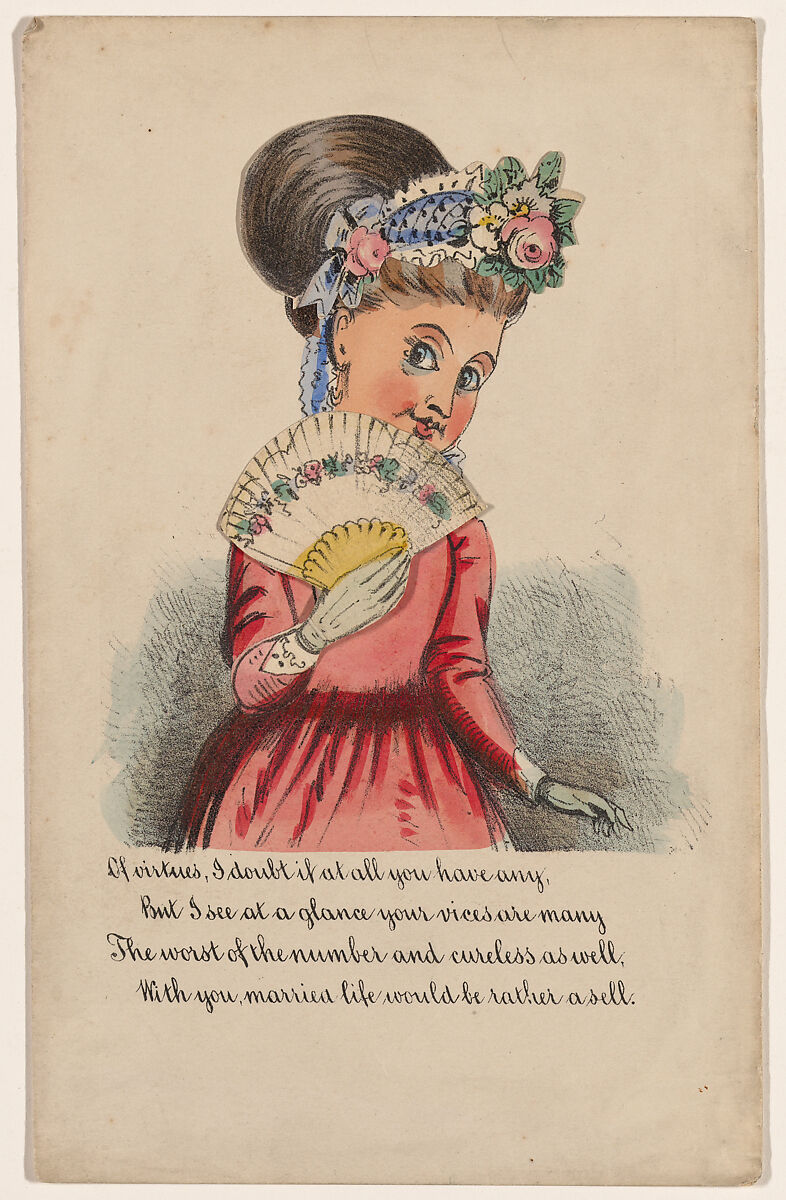 Comic Valentine (shy woman), Anonymous (British, 19th century), Hand colored lithograph 