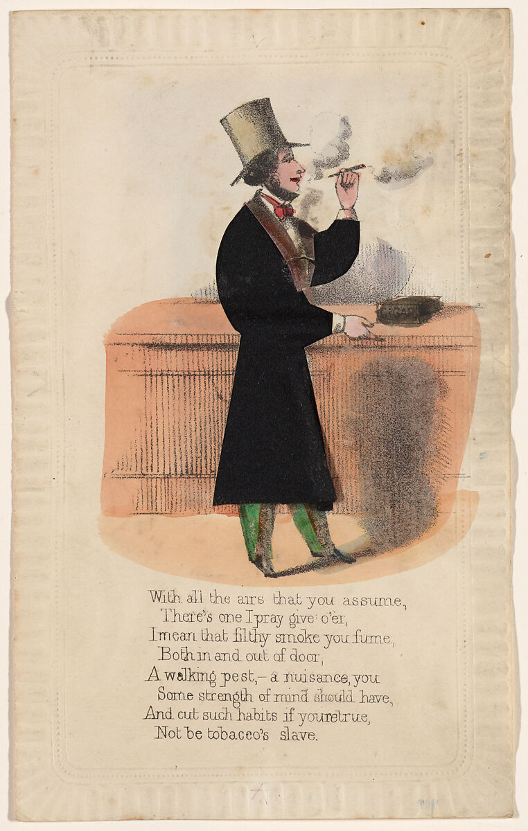 Comic Valentine (anti-smoking), Anonymous (British, 19th century), Hand-colored lithograph with applied felt fabric, embossed paper 