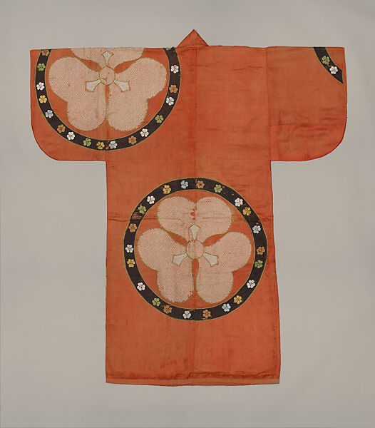 Robe (Kosode) with Floral Roundels, Figured satin-weave silk with tie-dyeing, silk embroidery, and couched gold thread, Japan