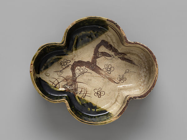 Covered Vessel (Futamono) with Plum Tree, Stoneware with iron brown under transparent glaze and copper-green glaze (Mino ware, Oribe type, Japan