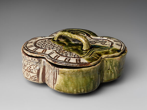 Covered Vessel (Futamono) with Plum Tree, Stoneware with iron brown under transparent glaze and copper-green glaze (Mino ware, Oribe type, Japan