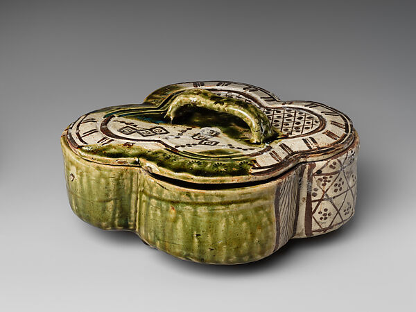 Covered Vessel (Futamono) with Plum Tree, Stoneware with iron brown under transparent glaze and copper-green glaze (Mino ware, Oribe type, Japan