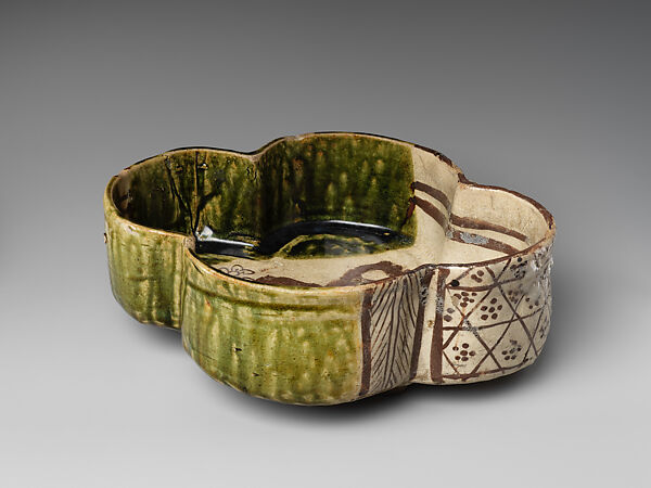 Covered Vessel (Futamono) with Plum Tree, Stoneware with iron brown under transparent glaze and copper-green glaze (Mino ware, Oribe type, Japan
