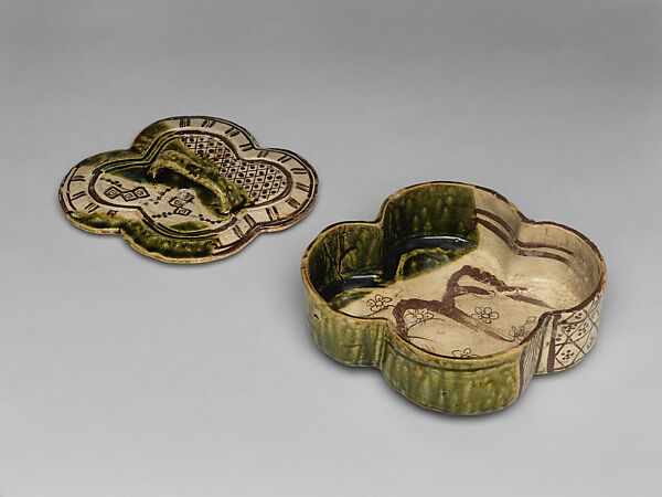 Covered Vessel (Futamono) with Plum Tree, Stoneware with iron brown under transparent glaze and copper-green glaze (Mino ware, Oribe type, Japan