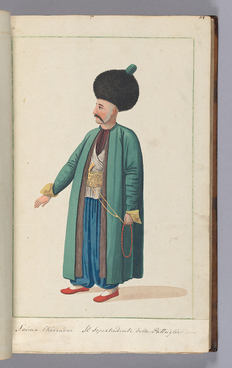 Illustrated Manuscript: ‘Costumi Turchi e Grechi fatti in Constantinopoli 1790’, Ink, opaque watercolor, and gold on paper; leather binding