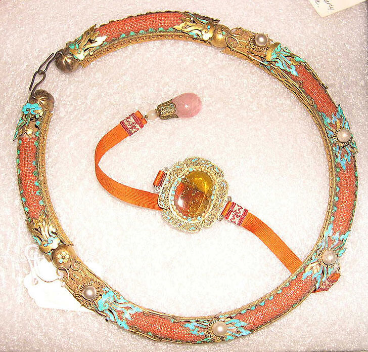 Necklace, Metal, glass, stone, feathers, silk, Mongolia 