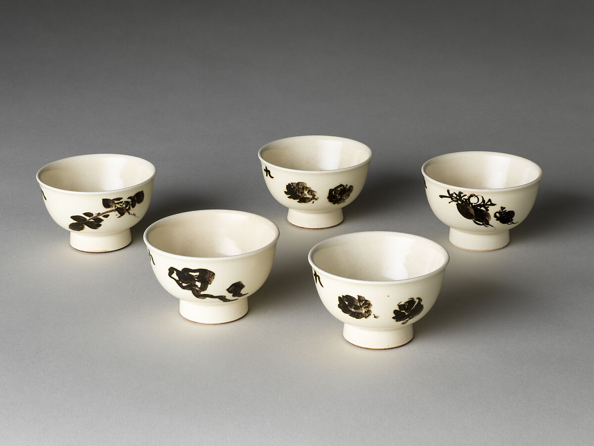Set of Five Sencha Teacups with Auspicious Plants, Seifu Yohei III (Japanese, 1851–1914), Porcelain with underglaze iron oxide, Japan