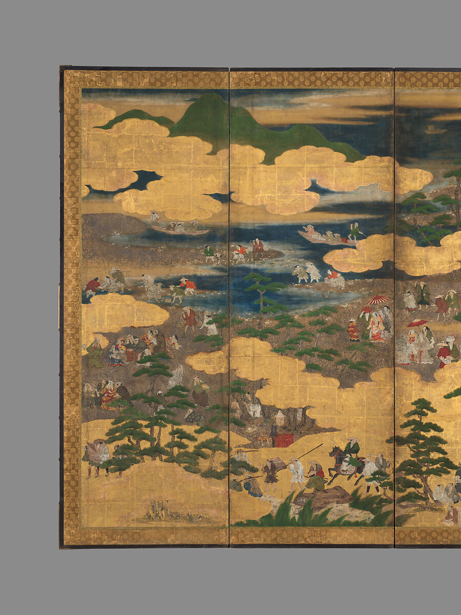 Sumiyoshi Taisha Screen, Unidentified artist, Six-panel folding screen; ink, color, silver, and gold leaf on paper, Japan