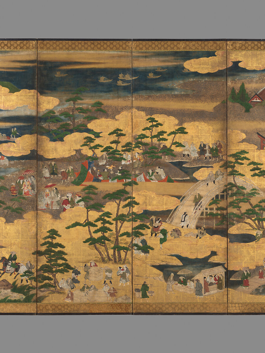 Sumiyoshi Taisha Screen, Unidentified artist, Six-panel folding screen; ink, color, silver, and gold leaf on paper, Japan