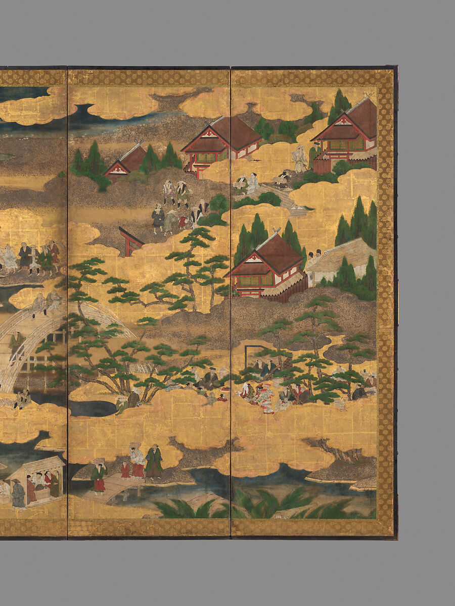 Sumiyoshi Taisha Screen, Unidentified artist, Six-panel folding screen; ink, color, silver, and gold leaf on paper, Japan