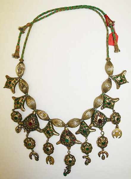 Necklace, Metal, glass, silk 