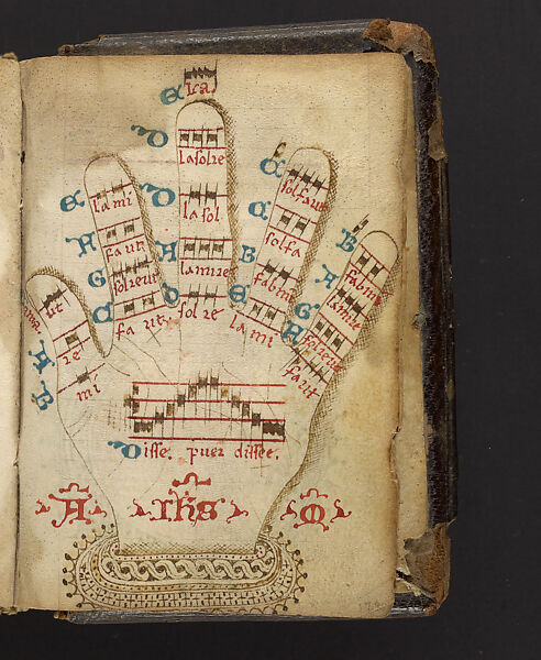 Liturgical miscellany featuring a Guidonian hand, Brown, red, and blue ink on parchment, Italy