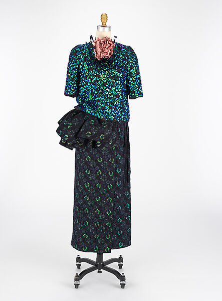 Ensemble, Dries Van Noten (Belgian, born 1958), (a) silk, wool, polyamide, (b) polyester, acetate, polyamide, (c) polyester, acetate, polyamide, (d) viscose, silk, feather, (e, f) leather, cotton, Belgian 