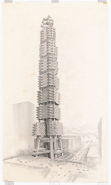 Perspective drawing of the Sino Tower project (unbuilt), Hong Kong, Paul Rudolph  American, Ink on tracing paper