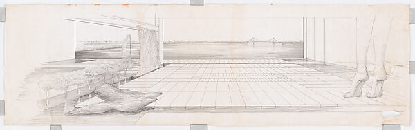 Perspective drawing of the 23 Beekman Place apartment, showing imaginary view toward the East River from the proposed terrace, Paul Rudolph  American, Ink on tracing paper