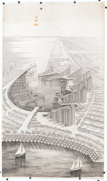 Aerial perspective of the Buffalo Waterfront project (partially demolished), New York, Paul Rudolph  American, Ink on tracing paper, purple colored pencil