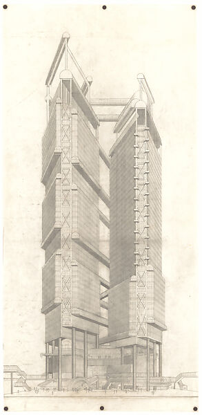 Perspective drawing of the Bond Centre (now Lippo Centre), Hong Kong, Paul Rudolph  American, Graphite on tracing paper