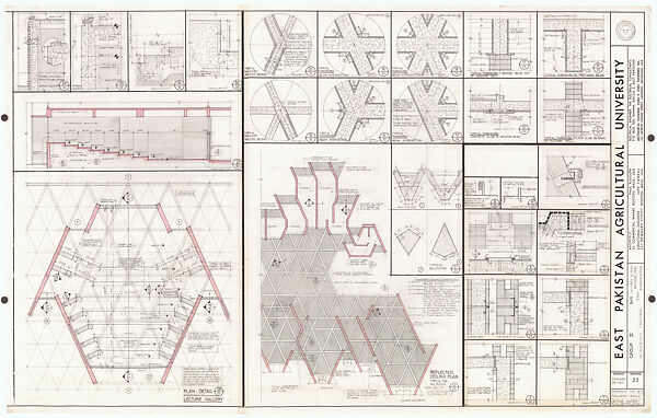 Construction drawing with technical details for East Pakistan (now Bangladesh) Agricultural University, Mymensingh, Paul Rudolph  American, Graphite & ink on tracing paper, colored pencil on back