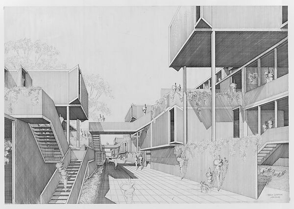 Perspective drawing of the Fort Lincoln housing project (unbuilt), Washington, DC, Paul Rudolph  American, Ink on tracing paper