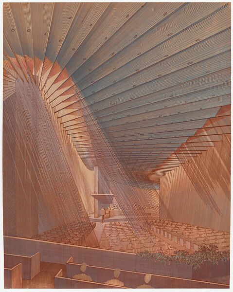 Interior perspective of Tuskegee Institute Chapel, Alabama, Paul Rudolph  American, Colored pencil on sepia
