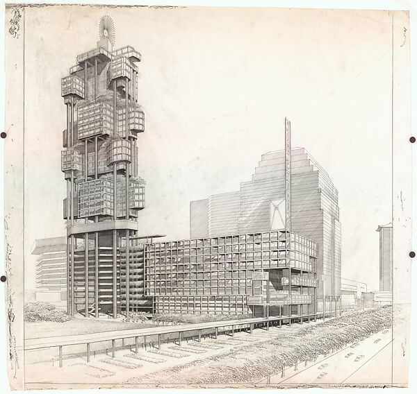 Perspective drawing of the International Building project (unbuilt), Singapore, Paul Rudolph  American, Ink on tracing paper